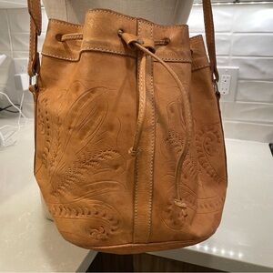 Clava Embossed Drawstring Bucket Shoulder Bag - Tan